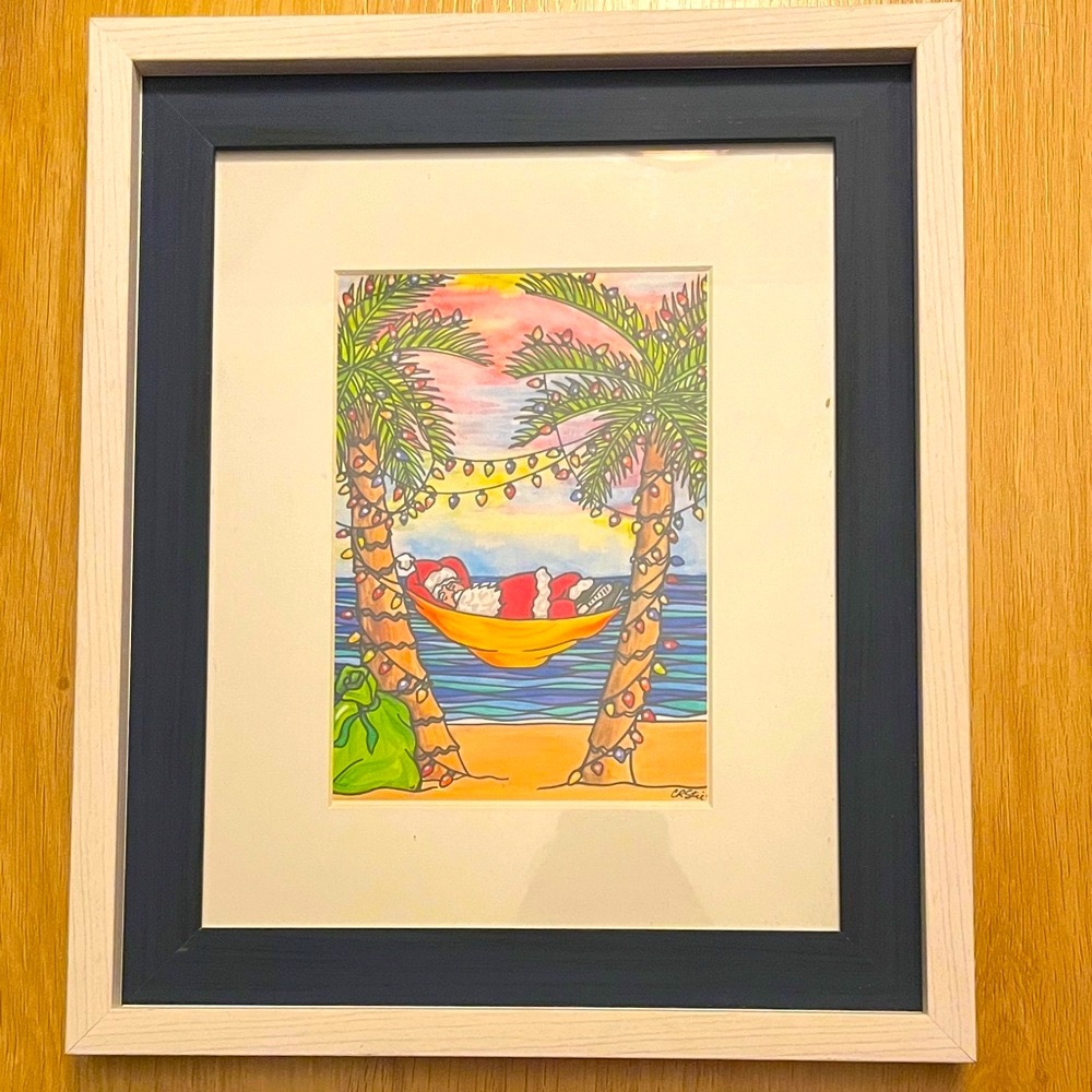 FRAMED ART OF Santa Claus relaxing in a hammock.NWOT